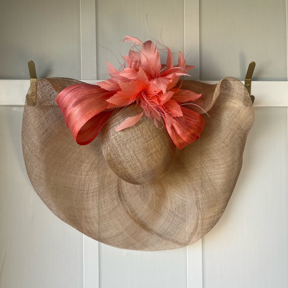 The Hat Girls Wide Brim Tan Floppy Hat with Coral Silk Abaca Feathers THG2091